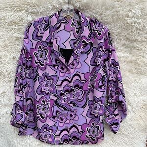 Notations Women’s Purple Black Floral Retro Print Blouse. Black Tank inside 2X